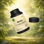 Amla powder extract capsules bottle with immune and digestive health benefits in natural green background