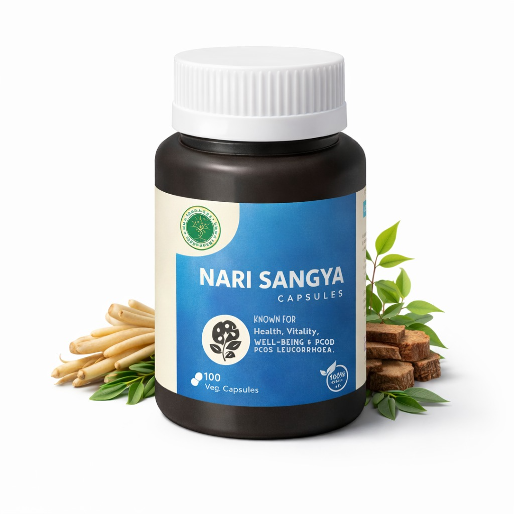 Nari Sangya Capsules are a carefully formulated Ayurvedic supplement designed to support women’s reproductive health, hormonal balance, and overall vitality. Rooted in traditional Ayurvedic wisdom, this herbal formulation works to nourish female tissues, promote menstrual regularity, and maintain long-term wellness naturally. Modern lifestyle factors such as stress, irregular diet, environmental influences, and hormonal fluctuations can impact women’s health at different stages of life. Issues such as irregular cycles, fatigue, mood changes, and discomfort may arise due to internal imbalance. Nari Sangya Capsules offer a holistic and natural approach to restoring harmony and supporting feminine well-being. Understanding Women’s Health in Ayurveda According to Ayurveda, female reproductive health is governed by Artava Dhatu (reproductive tissue) and influenced by the balance of Vata, Pitta, and Kapha doshas. Hormonal irregularities often arise from aggravated Vata (irregularity), Pitta (heat and inflammation), or Kapha (congestion and heaviness). Nari Sangya Capsules are formulated to help balance these doshas while nourishing reproductive tissues and supporting proper function of Artavavaha Srotas (reproductive channels). By addressing the root cause rather than temporary symptoms, this formulation promotes sustainable wellness. Key Benefits of Nari Sangya Capsules 1. Supports Hormonal Balance Helps maintain natural hormonal harmony and menstrual regularity. 2. Promotes Reproductive Wellness Nourishes female reproductive tissues and supports uterine health. 3. Supports Menstrual Comfort Helps maintain balanced flow and reduce discomfort during cycles. 4. Encourages Emotional Stability Supports mood balance and overall mental well-being. 5. Enhances Energy & Vitality Rejuvenating herbs help reduce fatigue and promote strength. 6. Supports Long-Term Female Health Encourages systemic balance and resilience. Who Can Benefit? Women experiencing irregular menstrual cycles Individuals seeking hormonal balance support Women facing stress-related cycle disturbances Adults looking for natural reproductive care Women preferring Ayurvedic wellness solutions How Nari Sangya Capsules Work Nari Sangya Capsules contain traditional Ayurvedic herbs known for their Rasayana (rejuvenating) and Stree Rog support properties. These herbs help regulate internal heat, support tissue nourishment, and maintain reproductive system balance. By improving digestion (Agni) and supporting proper nutrient absorption, the formulation ensures that reproductive tissues receive adequate nourishment. This contributes to improved cycle regularity, comfort, and overall vitality. Why Choose Nari Sangya Capsules? 100% Ayurvedic herbal formulation Designed specifically for women’s wellness Free from harmful chemicals and additives Manufactured under strict quality standards Suitable for long-term supportive use Each batch is carefully processed to preserve herbal potency and ensure purity and safety. Recommended Usage Take 1–2 capsules daily after meals with lukewarm water, or as directed by a healthcare professional. Consistent use along with a balanced diet and stress management may enhance results. Safety Information Pregnant or lactating women should consult a healthcare professional before use. Individuals with medical conditions should seek medical advice prior to supplementation. Do not exceed recommended dosage. Nari Sangya Capsules provide a natural and holistic Ayurvedic approach to supporting hormonal balance, menstrual wellness, and overall female vitality. Crafted with traditional wisdom and modern quality standards, this formulation helps women maintain comfort, confidence, and long-term reproductive health — naturally and effectively.