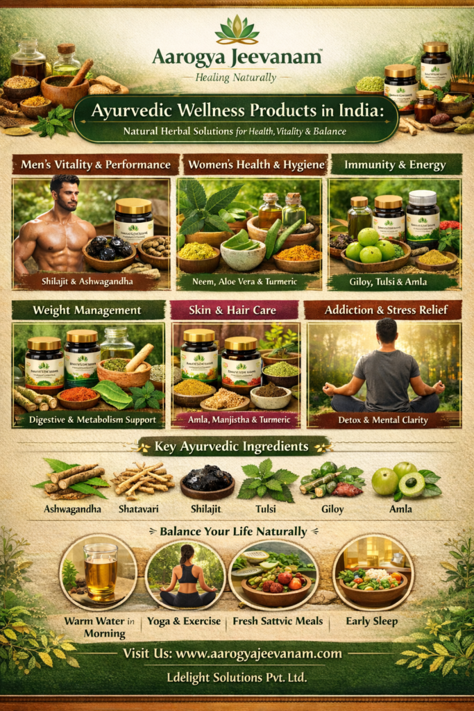 Horizontal infographic by Aarogya Jeevanam titled “Ayurvedic Wellness Products in India – Natural Herbal Solutions for Health, Vitality & Balance,” featuring categories like men’s vitality, women’s health, immunity, weight management, and detox support, along with key ingredients such as Ashwagandha, Shilajit, Tulsi, Giloy, Amla, and Shatavari, displayed with herbal product bottles, natural ingredients, and wellness lifestyle visuals in green and earthy tones.