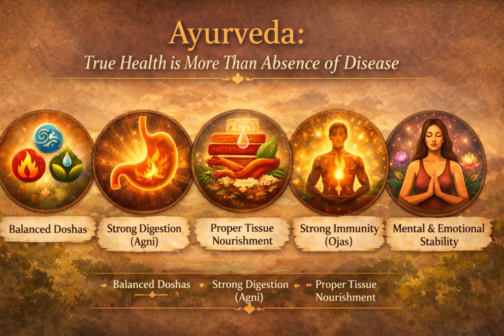 Horizontal infographic titled “Ayurveda: True Health is More Than Absence of Disease” showing five pillars of true health — Balanced Doshas, Strong Digestion (Agni), Proper Tissue Nourishment, Strong Immunity (Ojas), and Mental & Emotional Stability — illustrated with Ayurvedic symbols on a warm earthy background.