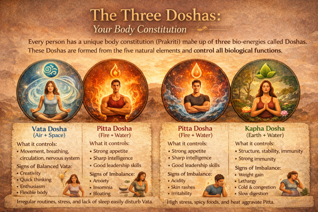 Horizontal infographic titled “The Three Doshas: Your Body Constitution” explaining Vata (Air + Space), Pitta (Fire + Water), and Kapha (Earth + Water), including what each controls, signs of balance, and signs of imbalance in Ayurveda.