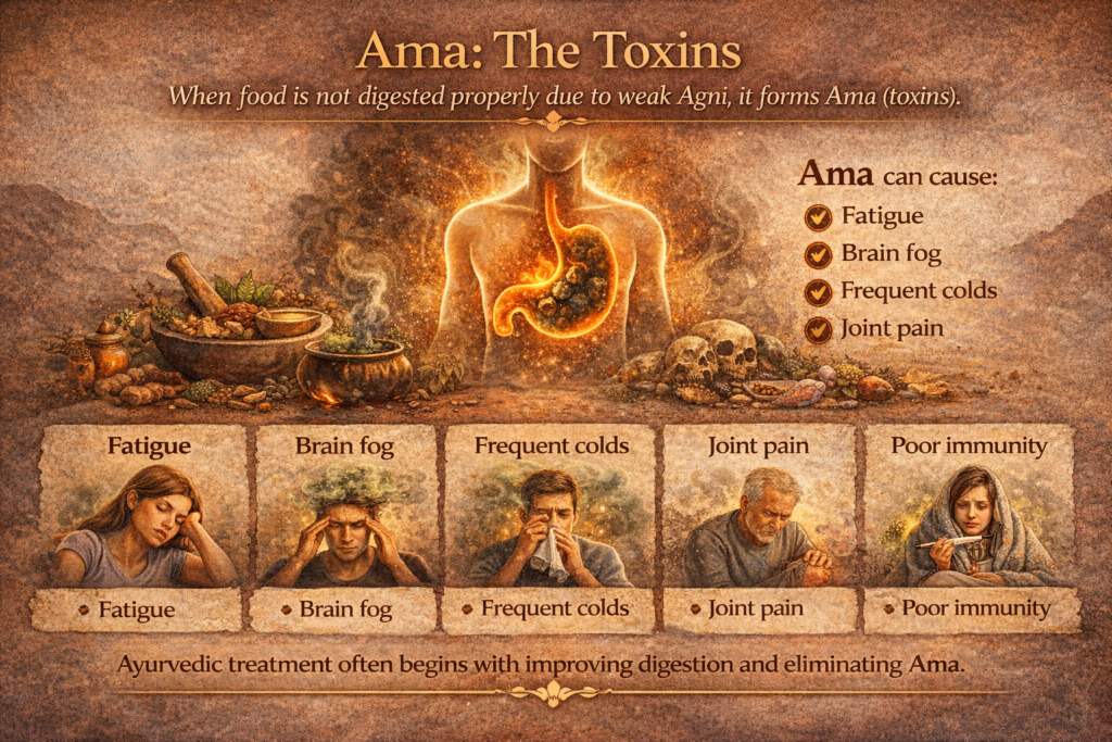 Horizontal Ayurvedic infographic explaining how weak Agni leads to Ama (toxins), causing fatigue, brain fog, frequent colds, joint pain, and poor immunity, and highlighting digestion improvement as the first step in treatment.