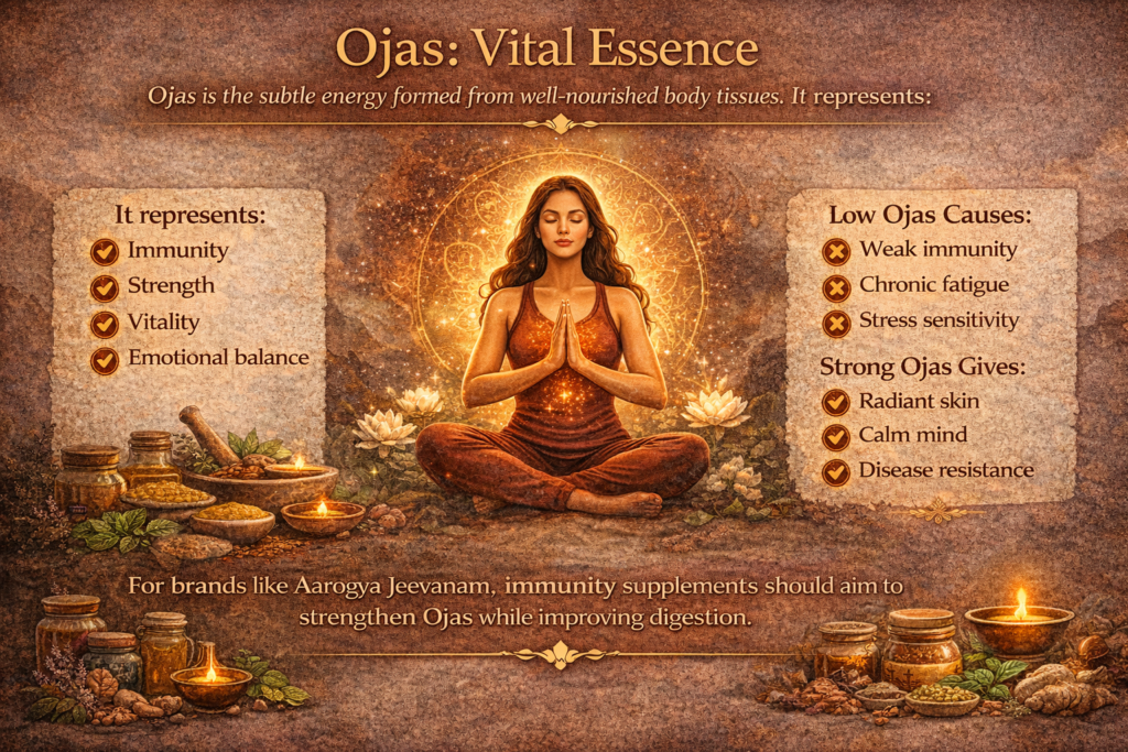 Horizontal infographic titled “Ojas: Vital Essence” explaining how Ojas represents immunity, strength, vitality, and emotional balance in Ayurveda, and how low Ojas causes weak immunity and fatigue while strong Ojas supports radiant skin, calm mind, and disease resistance.