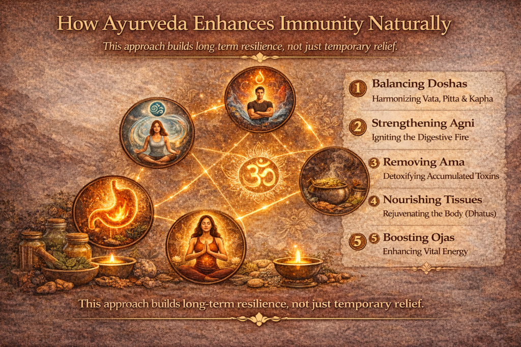 Horizontal infographic titled “How Ayurveda Enhances Immunity Naturally” showing five steps — balancing Doshas, strengthening Agni, removing Ama, nourishing tissues, and boosting Ojas — emphasizing long-term resilience over temporary relief.