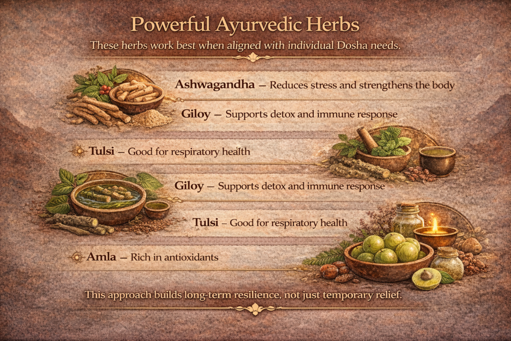 Horizontal infographic titled “Powerful Ayurvedic Herbs” featuring Ashwagandha, Giloy, Tulsi, and Amla, highlighting their benefits for stress relief, detox support, respiratory health, antioxidants, and immune strength in Ayurveda.