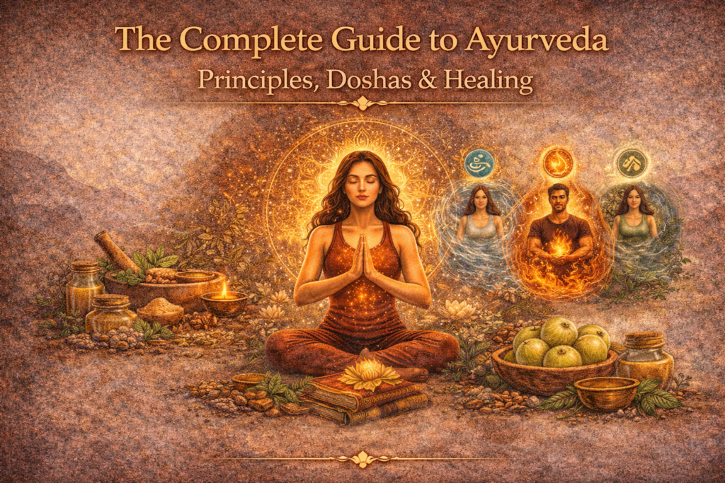 Blog cover image titled “The Complete Guide to Ayurveda: Principles, Doshas & Healing” featuring a meditating woman surrounded by Ayurvedic herbs and symbols of Vata, Pitta, and Kapha, representing holistic healing and natural immunity.