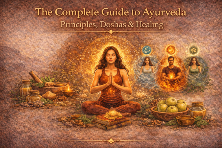 Blog cover image titled “The Complete Guide to Ayurveda: Principles, Doshas & Healing” featuring a meditating woman surrounded by Ayurvedic herbs and symbols of Vata, Pitta, and Kapha, representing holistic healing and natural immunity.