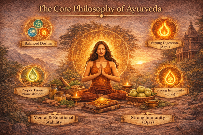 Illustration titled “The Core Philosophy of Ayurveda” showing a meditating woman surrounded by symbols of balanced Doshas, strong digestion (Agni), proper tissue nourishment, strong immunity (Ojas), and mental and emotional stability.