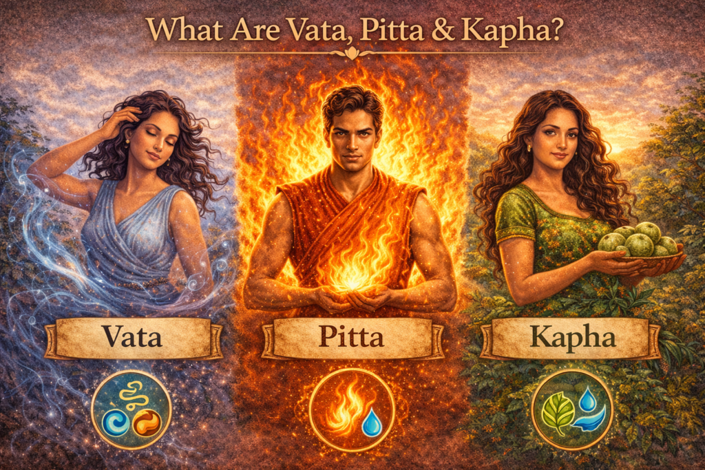 Illustration titled “What Are Vata, Pitta & Kapha?” showing the three Ayurvedic Doshas — Vata (air and space), Pitta (fire and water), and Kapha (earth and water) — represented with elemental symbols and natural backgrounds.