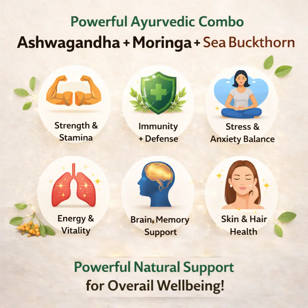 Triple Vitality Herbal Combo – Ashwagandha, Moringa & Sea Buckthorn Capsules