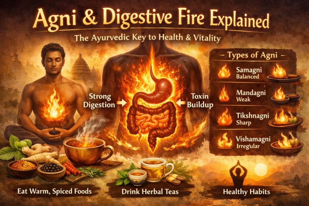Illustration explaining Agni (digestive fire) in Ayurveda, showing a glowing digestive system with fire in the stomach, a meditating person with inner fire, Ayurvedic herbs and spices, and the four types of Agni—Samagni, Mandagni, Tikshnagni, and Vishamagni—highlighting digestion and healthy habits.
