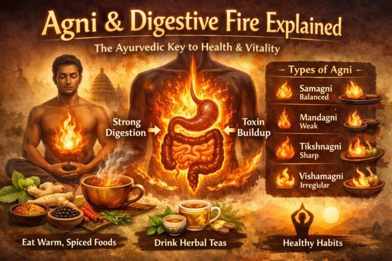 Illustration explaining Agni (digestive fire) in Ayurveda, showing a glowing digestive system with fire in the stomach, a meditating person with inner fire, Ayurvedic herbs and spices, and the four types of Agni—Samagni, Mandagni, Tikshnagni, and Vishamagni—highlighting digestion and healthy habits.