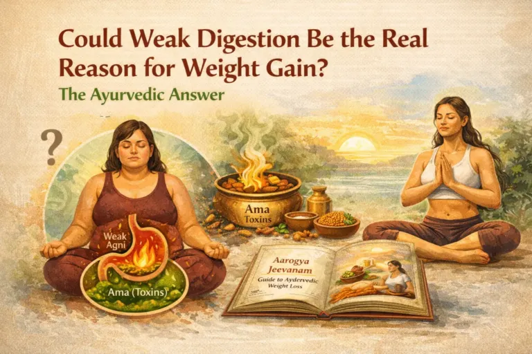 Ayurvedic weight loss concept showing weak digestion (Agni), Ama toxins, herbs, and yoga for natural metabolism balance – Aarogya Jeevanam guide..