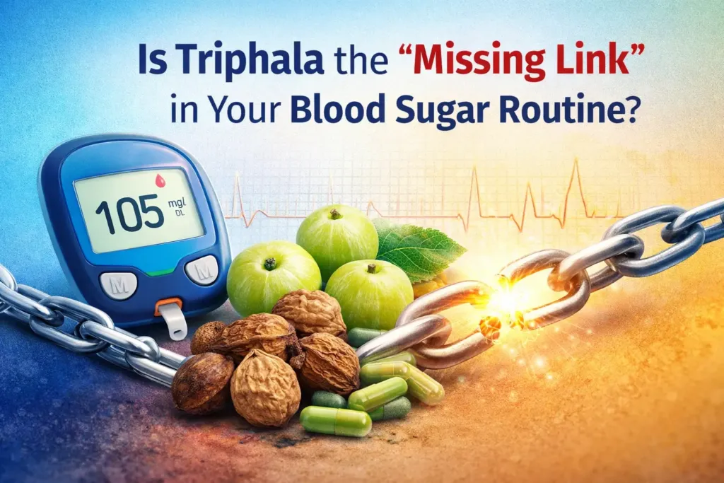 Triphala fruits and capsules with glucose meter illustrating Triphala for blood sugar support.