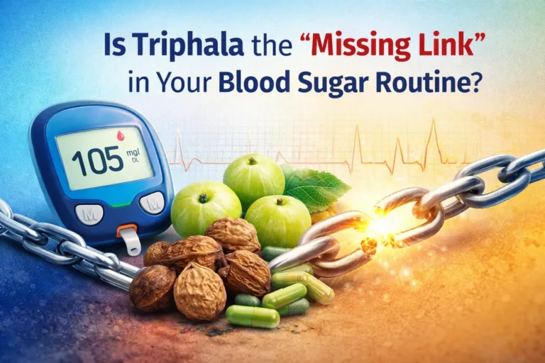 Triphala fruits and capsules with glucose meter illustrating Triphala for blood sugar support.