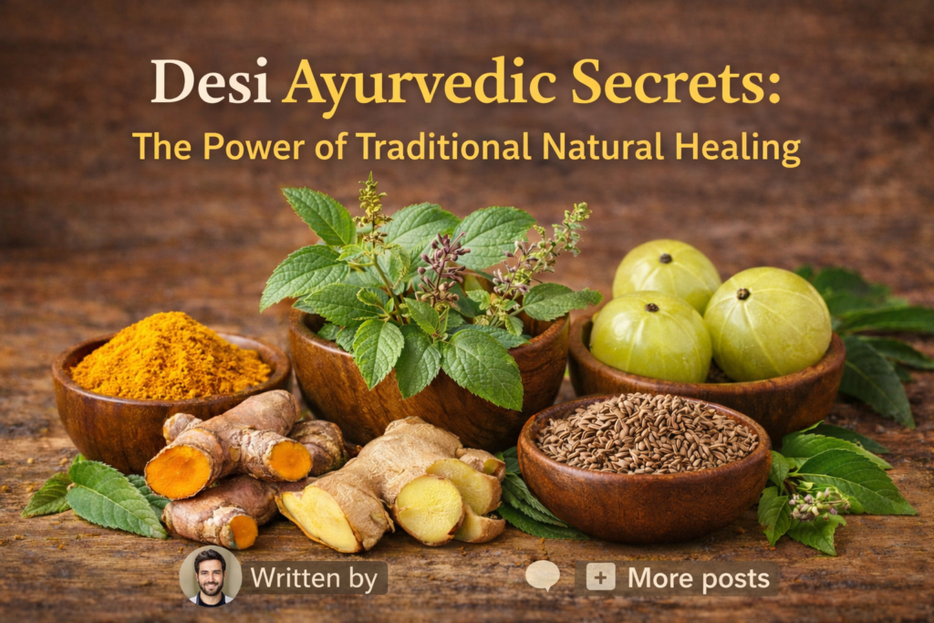 Desi Ayurvedic herbs and kitchen ingredients like turmeric, ginger, tulsi, cumin, and amla used for natural healing.