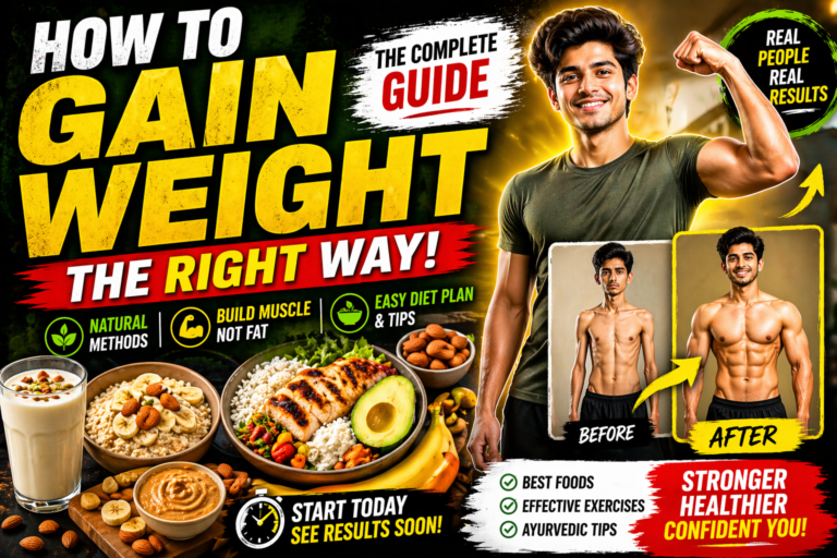 Healthy gain weight guide showing before and after body transformation with high-calorie foods, diet plan, and muscle-building tips