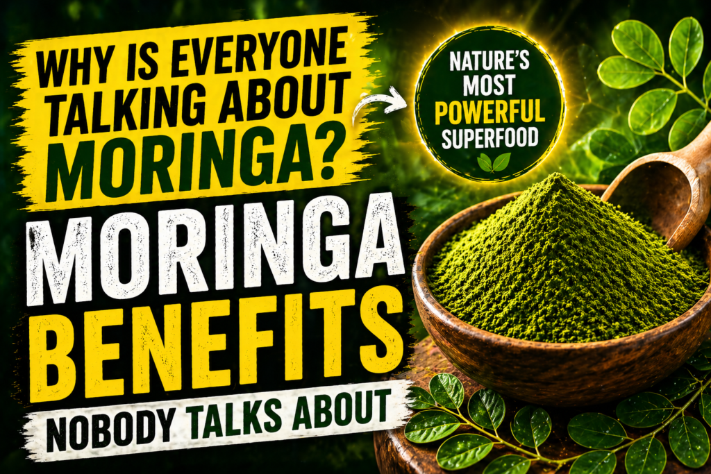 Moringa benefits powder and leaves with text highlighting hidden health benefits of moringa superfood