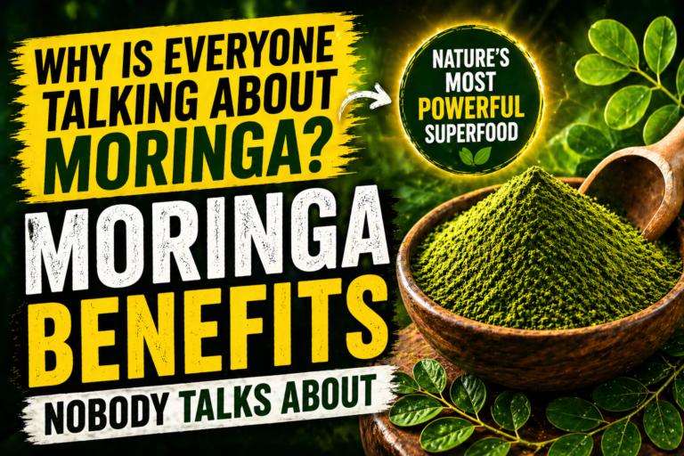 Moringa benefits powder and leaves with text highlighting hidden health benefits of moringa superfood