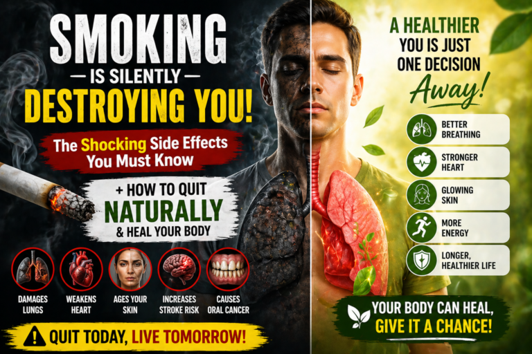Before and after concept showing smoking side effects on the body including lung damage, weak immunity, skin aging, and how to quit smoking naturally