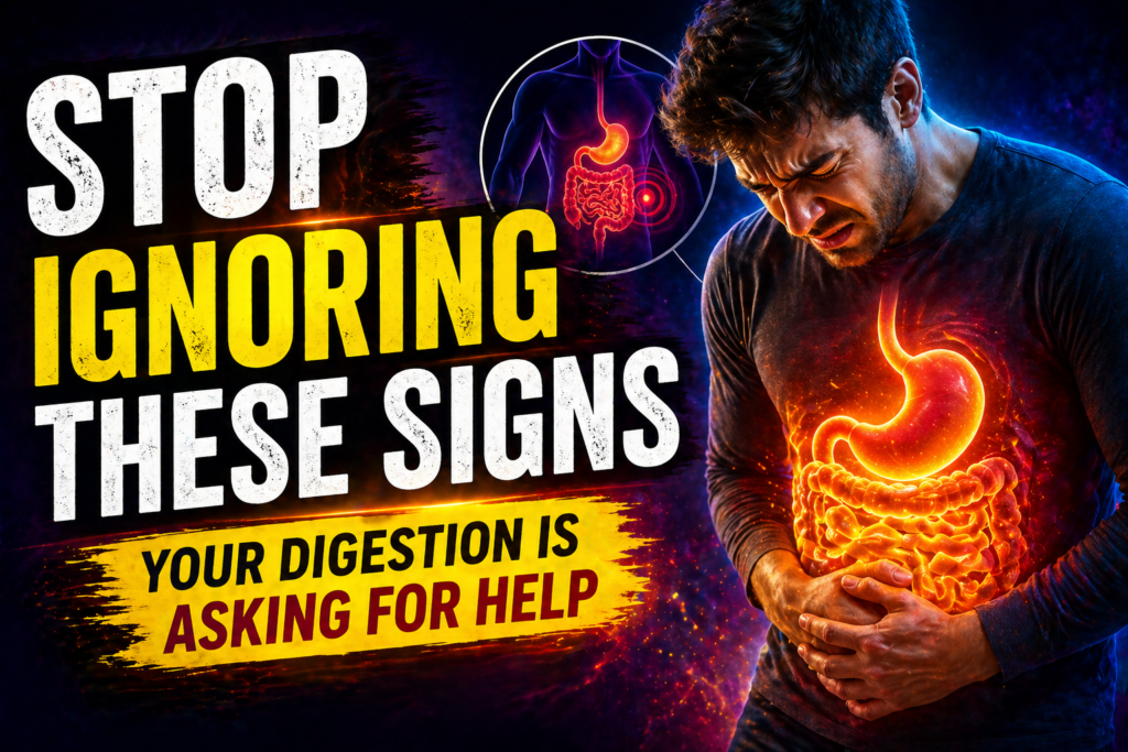 Man with stomach pain and glowing gut illustration showing signs of digestive problems and ways to improve digestion naturally