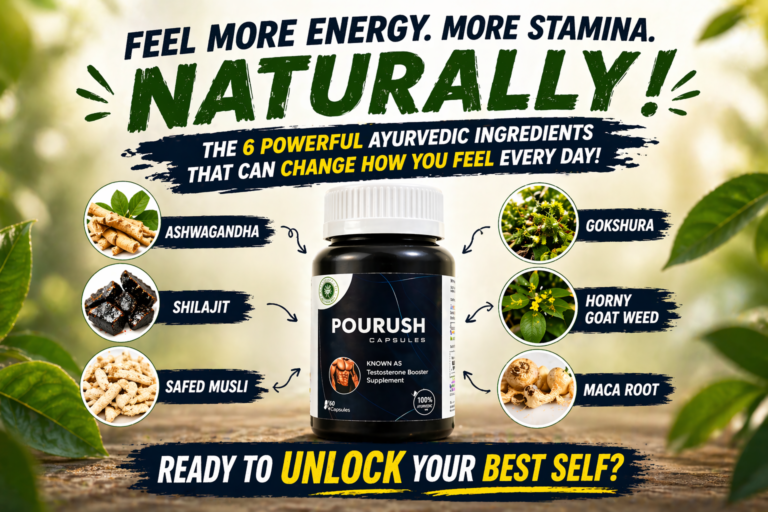 pourush jeevan capsules bottle with ashwagandha, shilajit, safed musli, gokshura, maca root and horny goat weed ingredients displayed around