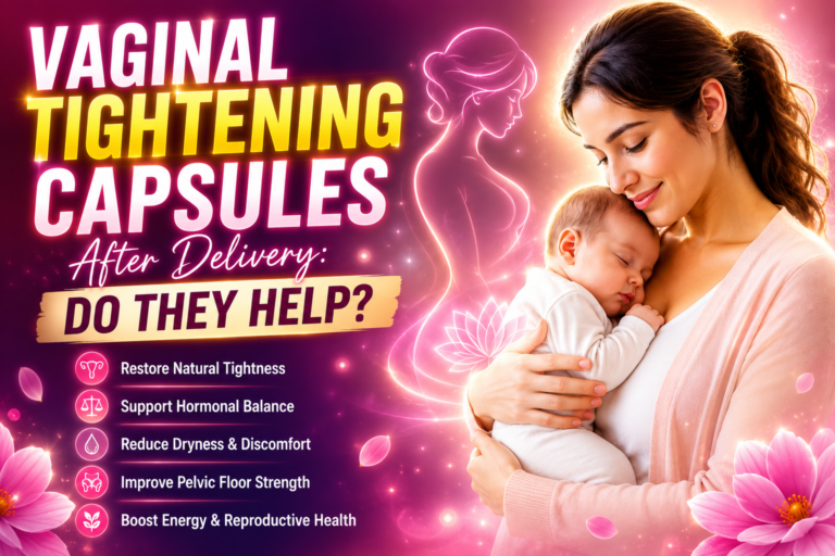Glowing thumbnail design for Vaginal Tightening Capsules After Delivery featuring a happy mother holding her baby with bright pink and purple postpartum wellness theme.