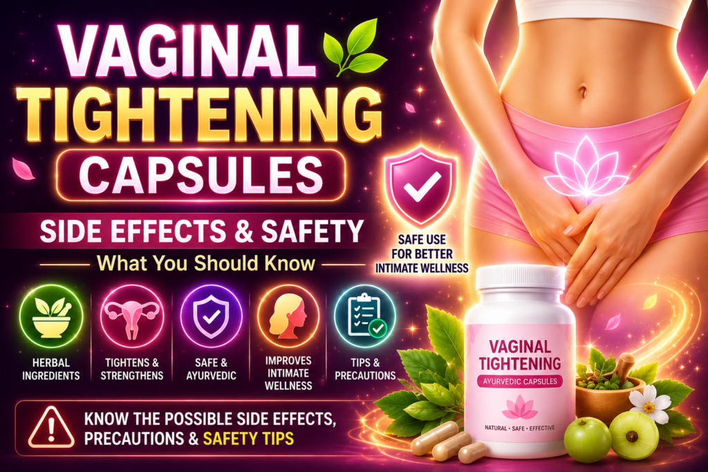 Glowing promotional image of herbal Vaginal Tightening Capsules side effect highlighting side effects, safety tips, Ayurvedic ingredients, intimate wellness benefits, and precautions for women.
