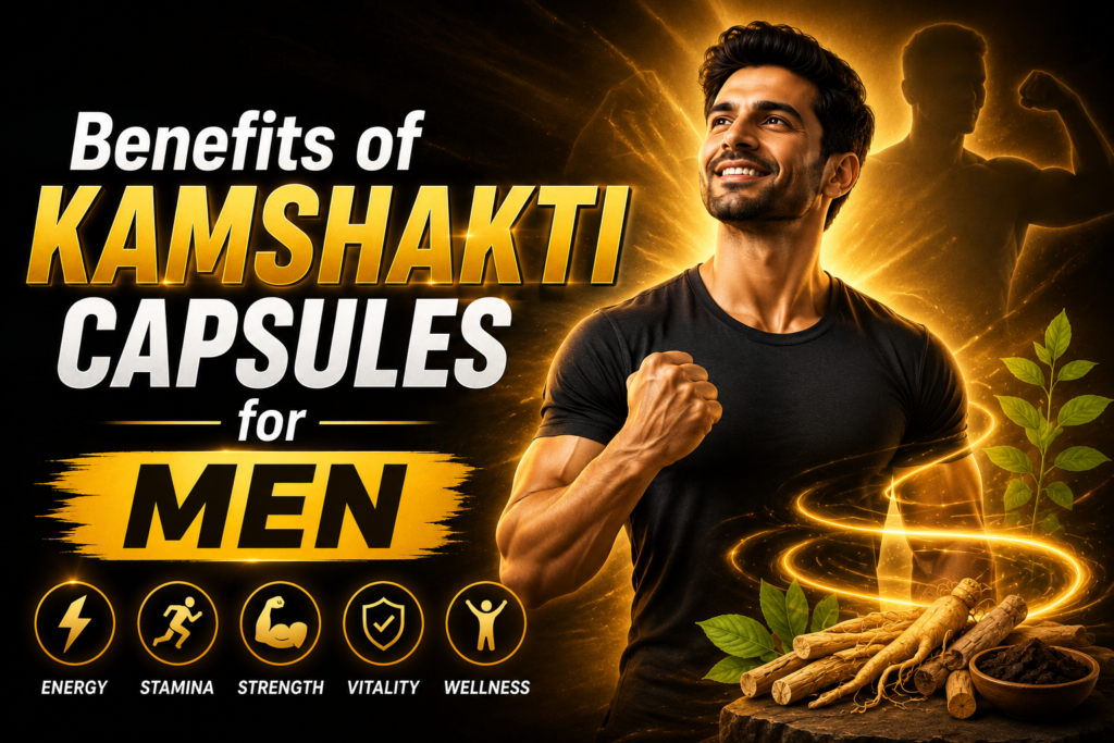 Kamshakti Capsules benefits for Men with energetic male model, glowing golden background, Ayurvedic herbs, and symbols representing stamina, strength, vitality, energy, and wellness.