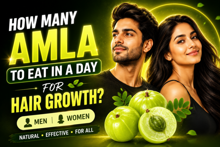 How many amla to eat in a day for hair growth – healthy man and woman with shiny hair and fresh amla fruits showing the ideal daily intake for natural hair growth.