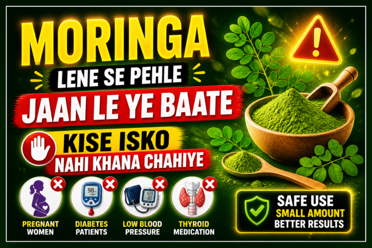 Moringa powder side effects thumbnail showing moringa powder in a bowl with warning icons and text about who should not take moringa powder for safe daily use.
