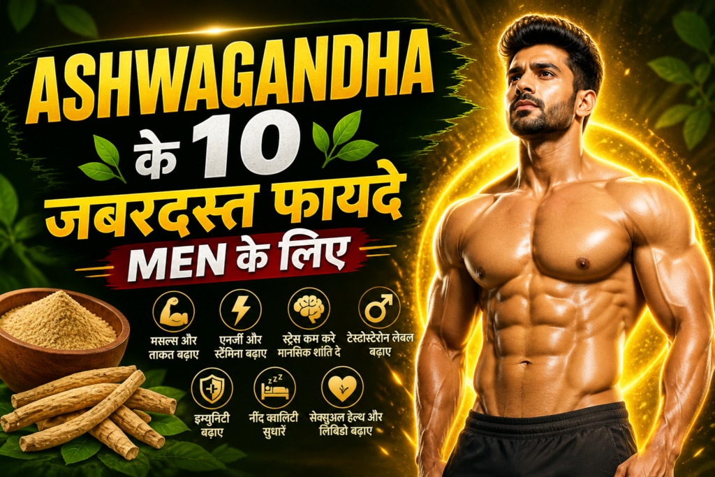 Ashwagandha benefits for men thumbnail showing a muscular glowing man with bold Hindi text highlighting 10 powerful benefits of Ashwagandha for male strength, stamina, testosterone, and stress relief.