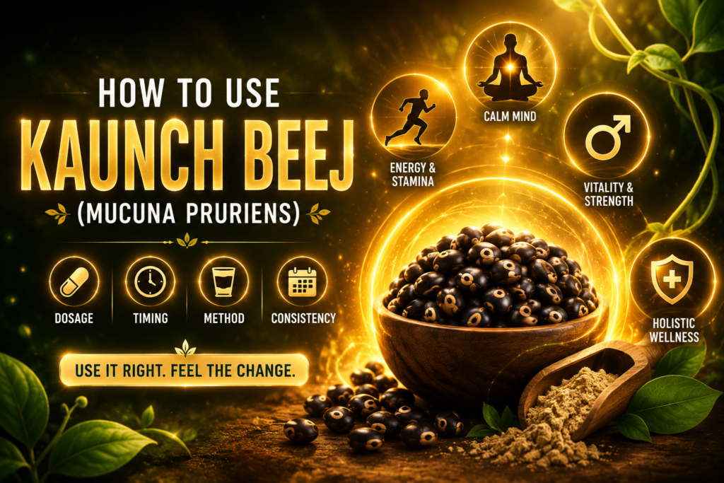 How to use Kaunch Beej (Mucuna Pruriens) with glowing Ayurvedic graphic showing dosage, timing, method, and health benefits