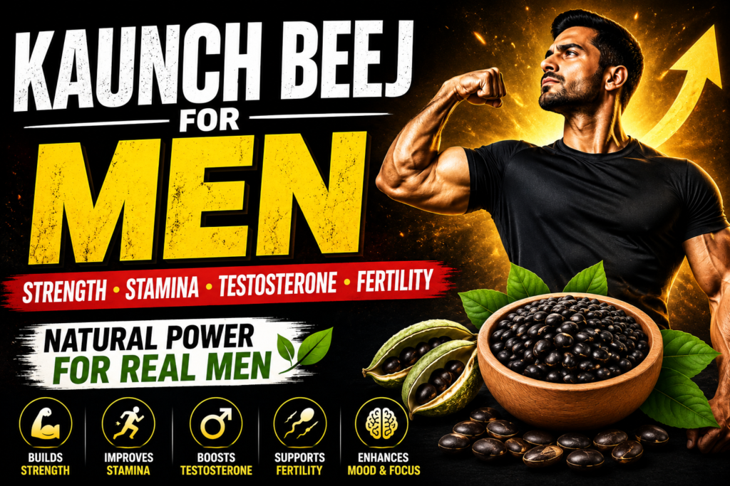 Kaunch Beej for Men showing muscular man with Kaunch Beej seeds representing natural testosterone support, stamina, strength, fertility, energy, and male vitality