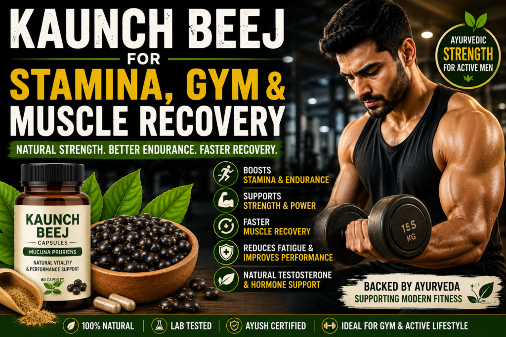 Kaunch Beej for stamina showing a man lifting dumbbells in a gym with Mucuna Pruriens seeds representing natural endurance, muscle recovery, and strength support
