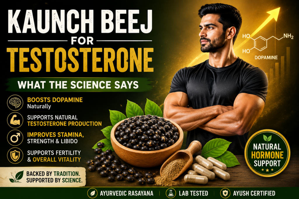 Kaunch Beej for testosterone with Mucuna Pruriens seeds, muscular man, dopamine molecule, and natural male hormone support illustration