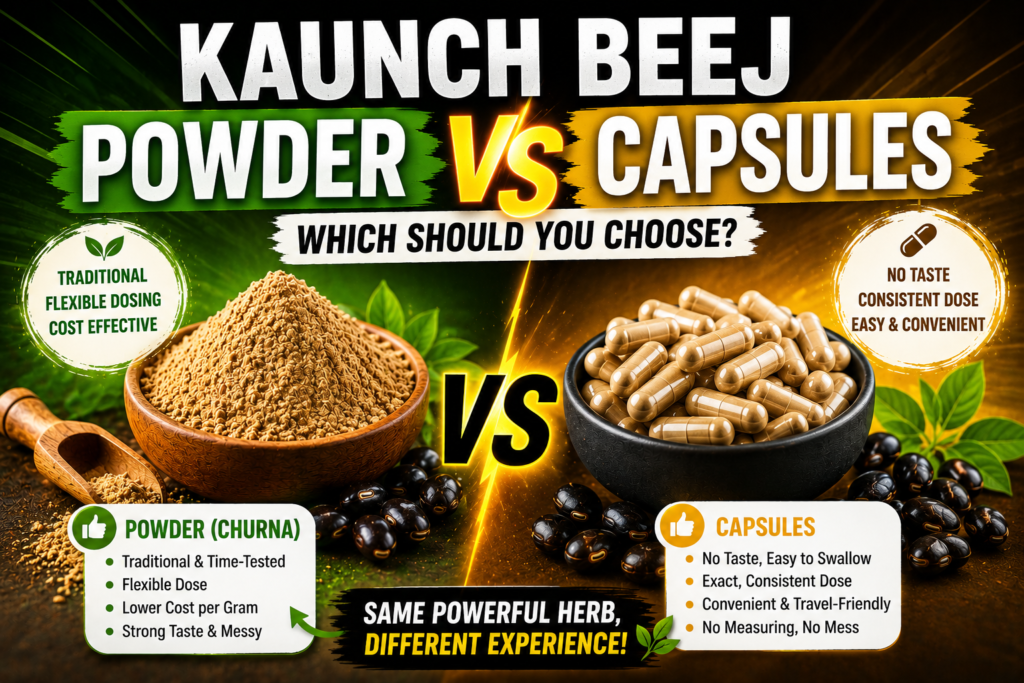 Kaunch Beej Powder vs Capsules comparison showing traditional powder (churna) on one side and capsules on the other, highlighting differences in convenience, dosage, taste, and daily use.