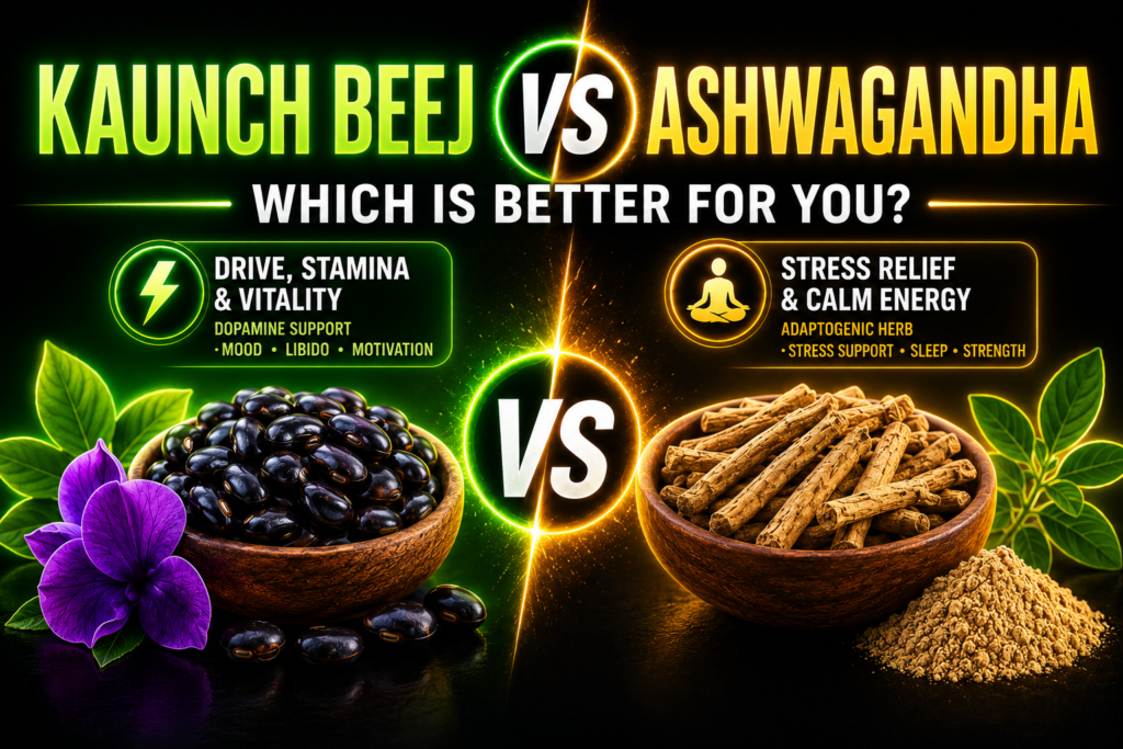 Kaunch Beej vs Ashwagandha comparison showing the benefits of Kaunch Beej for stamina, vitality, and dopamine support versus Ashwagandha for stress relief, better sleep, and calm energy.