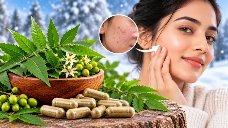 Neem capsules with fresh neem leaves and a woman with glowing skin, illustrating Ayurvedic skincare for winter breakouts and dull skin.